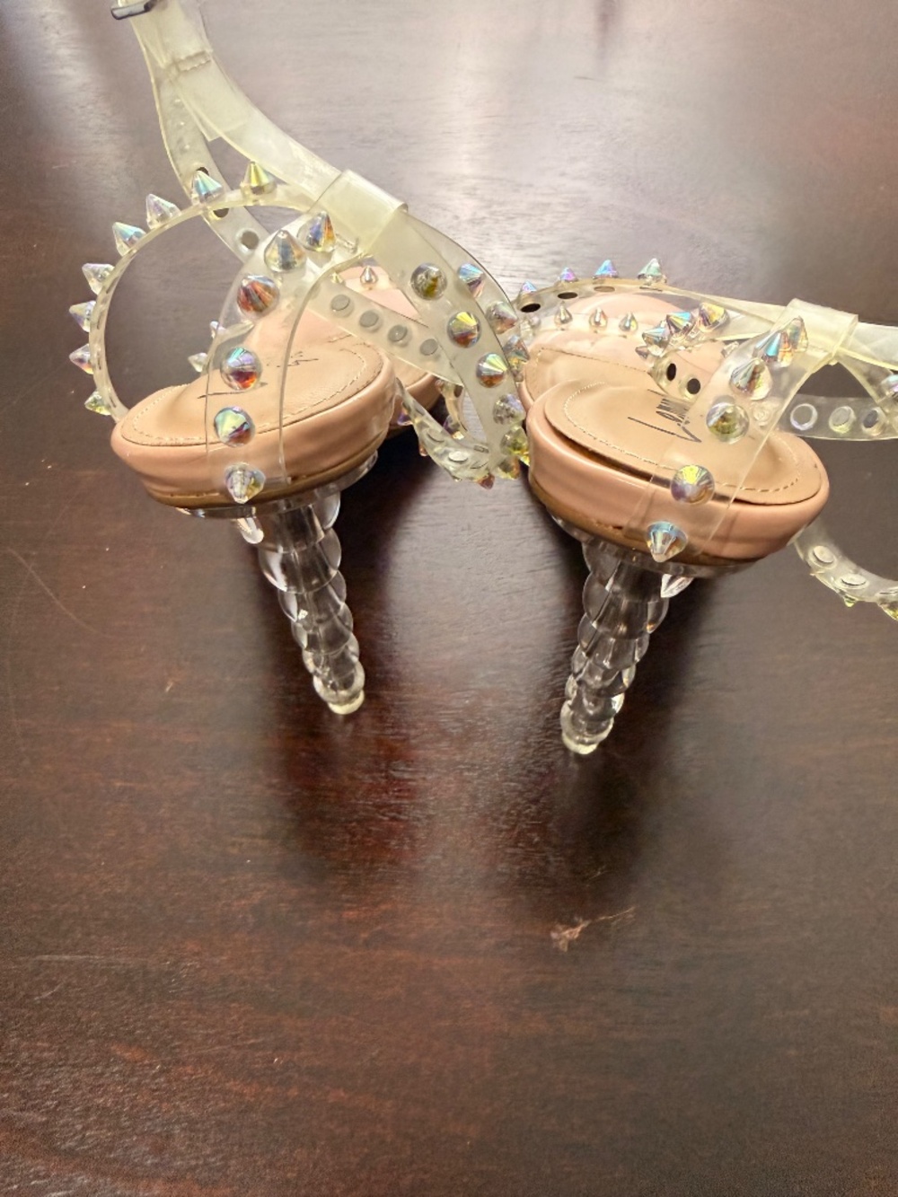 Lemon Drop Nude Clear Spiked Studded Heels Size 8 - Picture 3 of 4